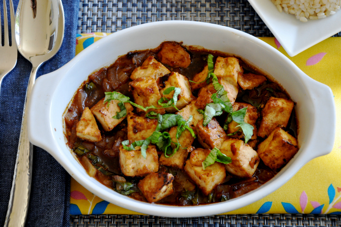 tofu basil with red onion glaze