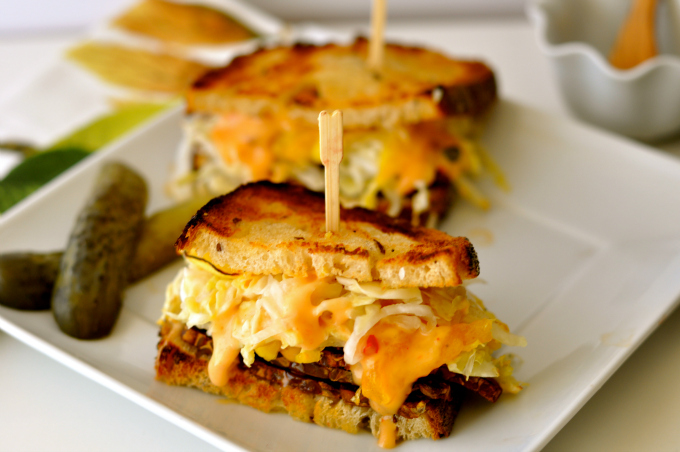Seriously delicious vegan reuben sandwich with spicy Russian dressing