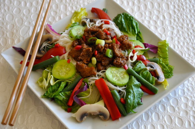 Asian Seitan Salad with Rice Noodles & Lime Vinaigrette