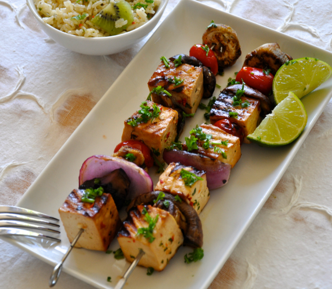 Grilled Tofu Vegetable Shish Kebab With Cold Rice Salad