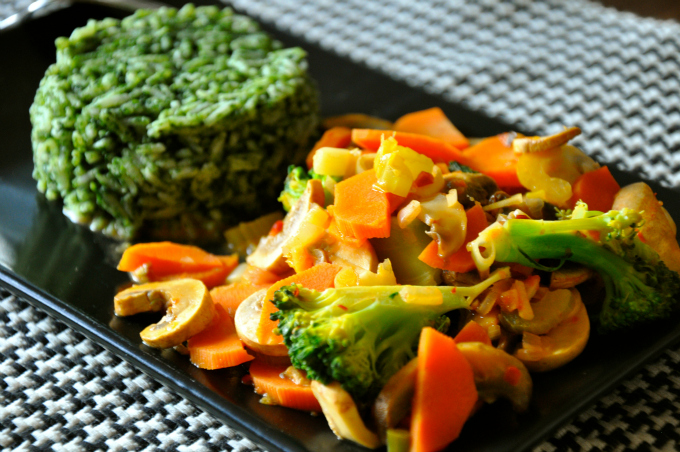 Spicy Coconut Lemon Grass Vegetable Stir Fry with Green Rice