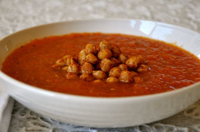 red pepper soup with crunchy garbanzo beans