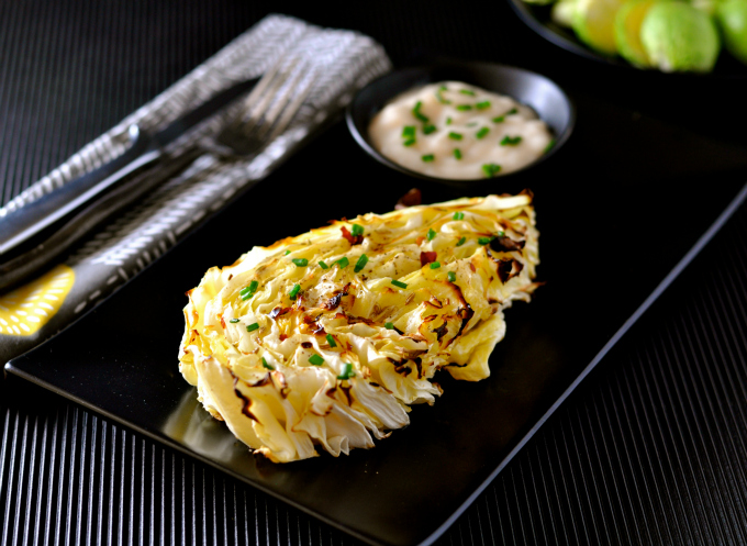 wedges of cabbage baked with a zest lemon yogurt sauce.