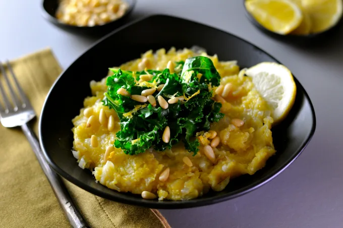 Creamy Polenta with Cabbage Topped With Greens & Pine Nuts
