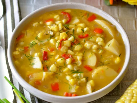 Easy Corn Chowder with Potatoes, Red Pepper & Dill