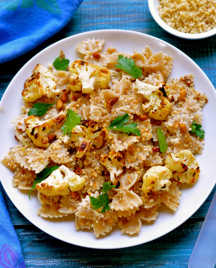 Vegan Cauliflower Pasta With Garlic Bread Crumbs Ground Pine Nuts