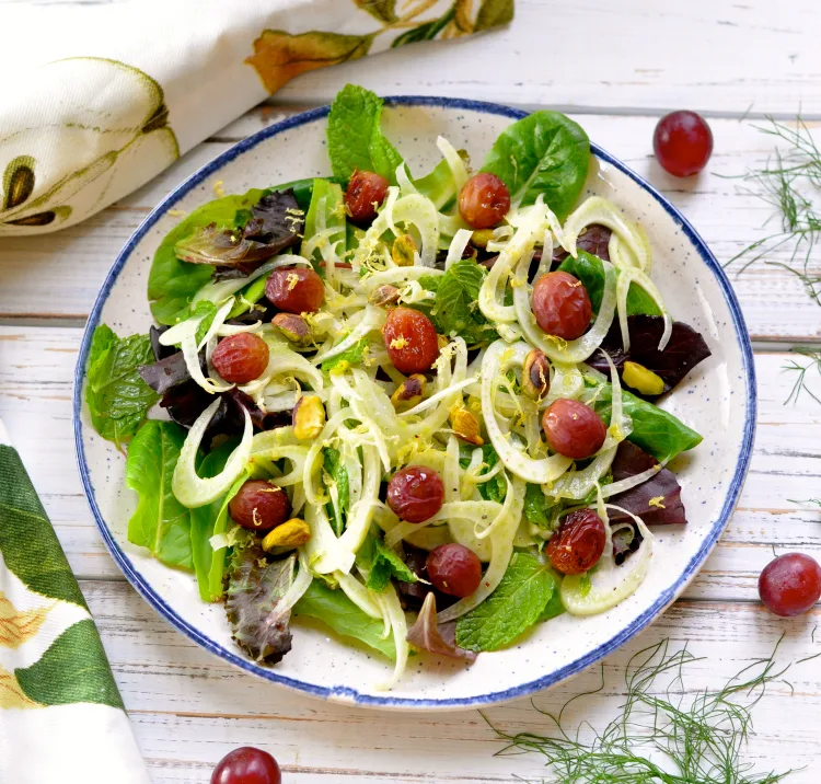 Glorious Vegan Fennel Salad with Roasted Grapes and Pistachios