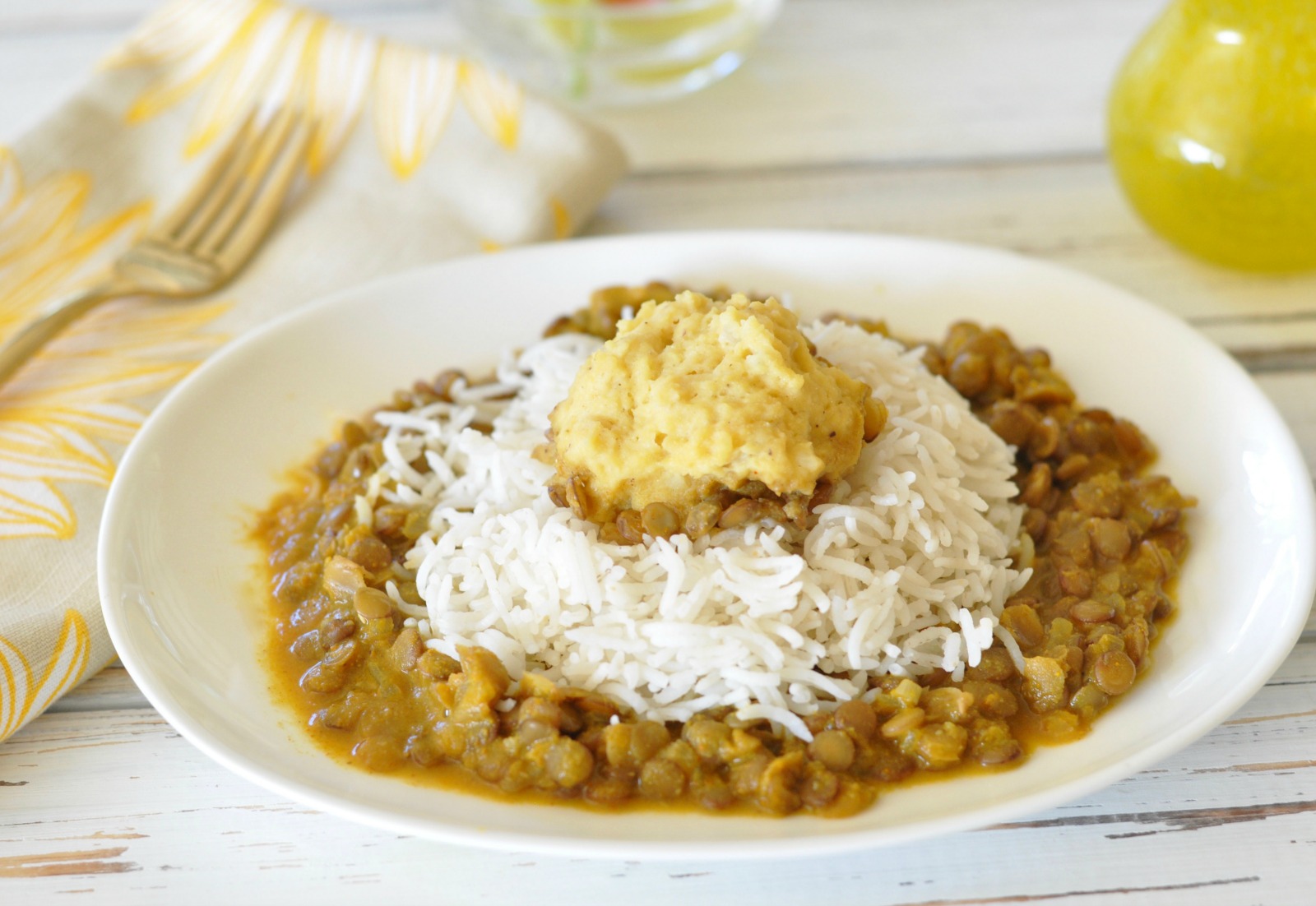 Chickpea Dumplings Over Vegan Yellow Curry Lentil Stew