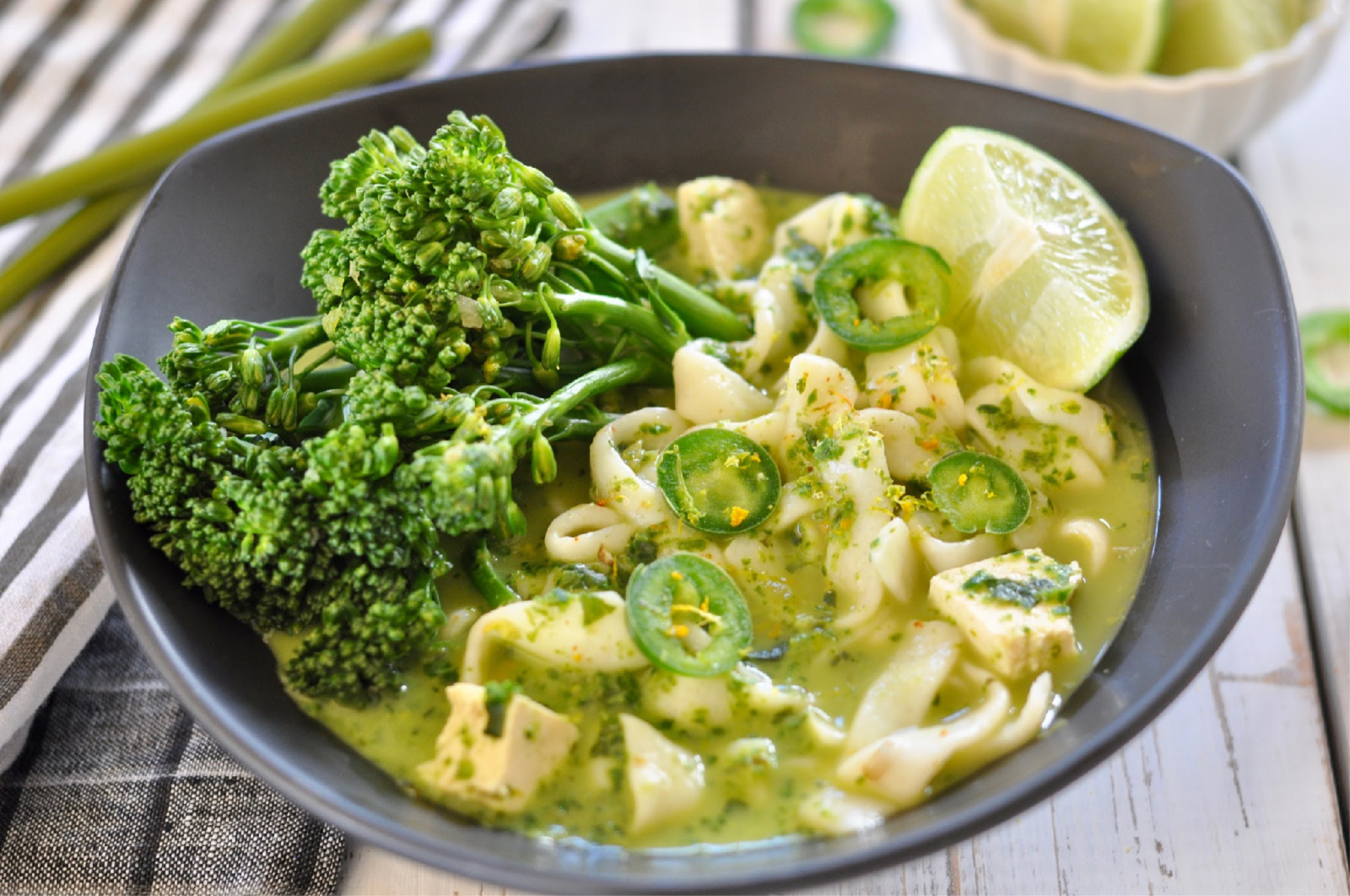 Vegan Green Curry Noodle Soup with Broccolini, Mushrooms, Sugar Snap Peas & Tofu