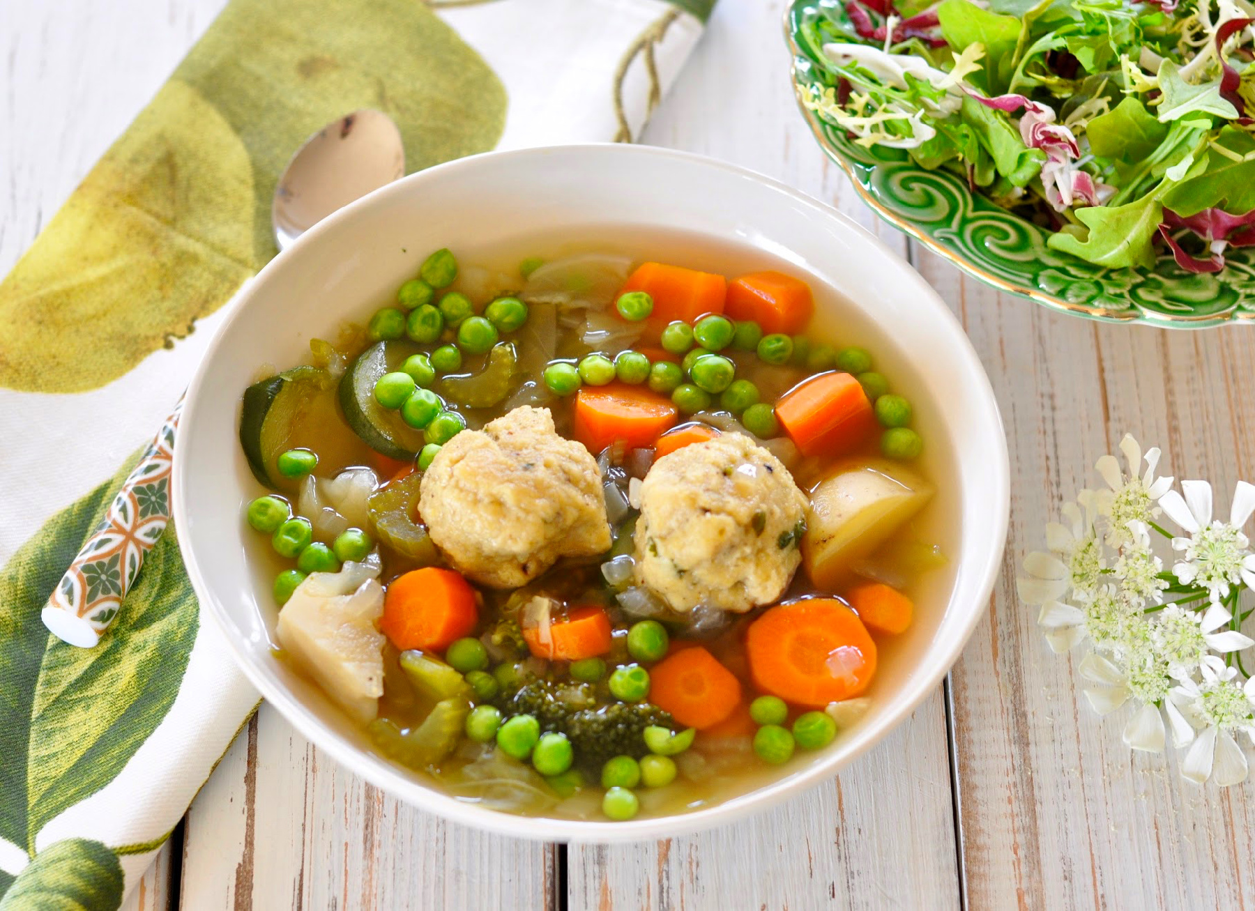 Vegan Dumplings with High Protein Chickpea Flour Atop Vegetable Soup