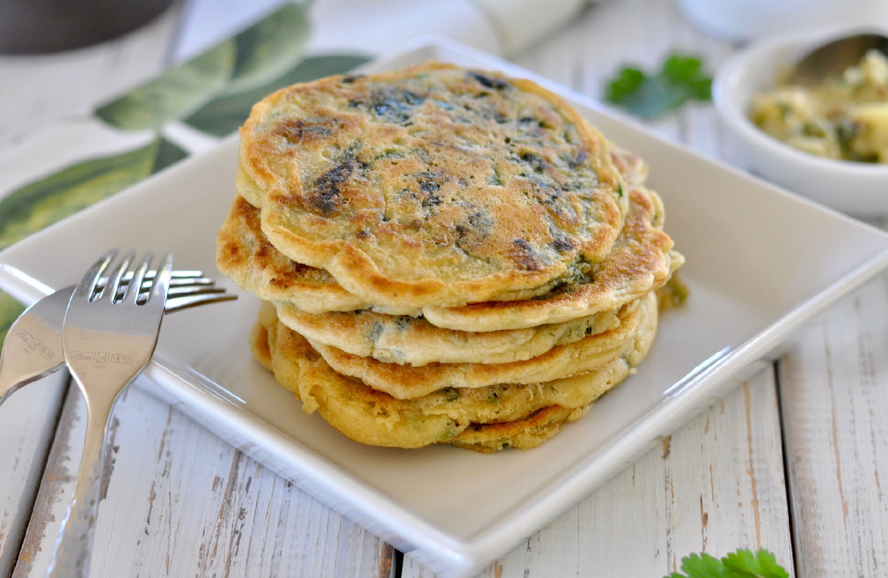 Savory Vegan Spinach Pancakes with Scallions, Green Chillies & Cilantro