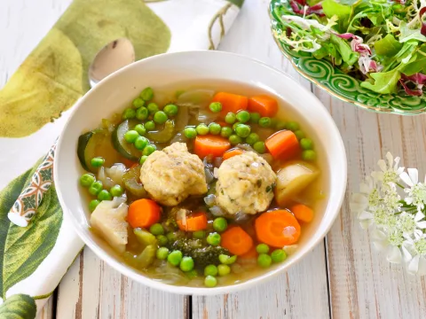 Vegan Dumplings with High Protein Chickpea Flour Atop Vegetable Soup