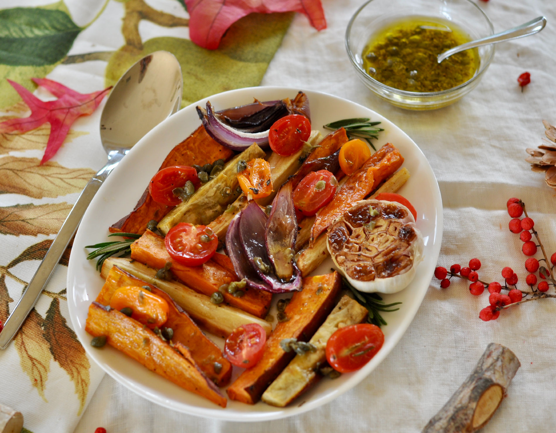 Roasted Sweet Potatoes, Parsnips & Tomatoes with Caper Vinaigrette