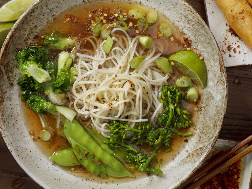 Vegan Miso Soup with Noodles, Broccoli, Snow Peas & Bok Choy