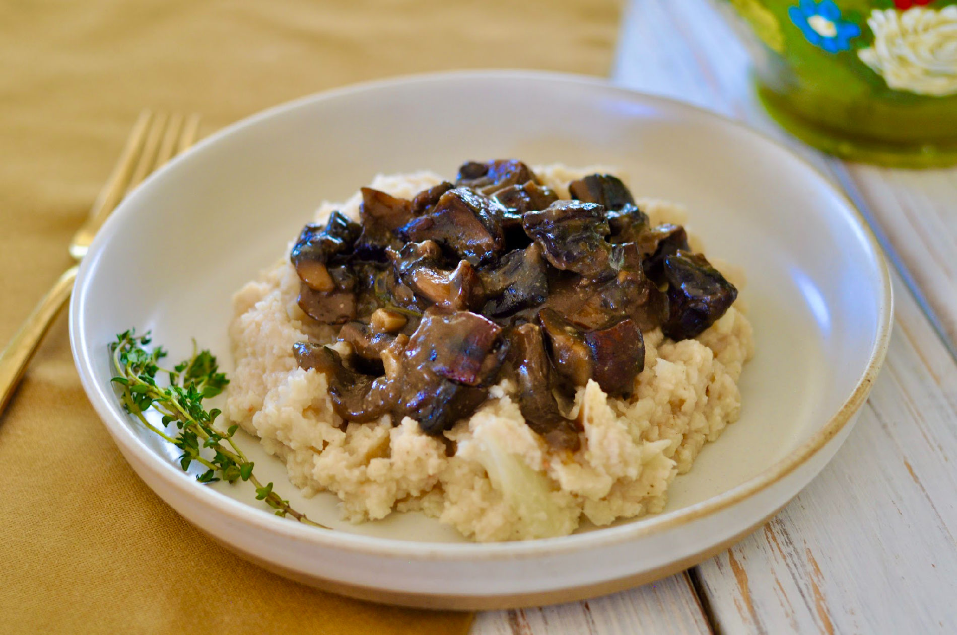 Mashed Cauliflower & White Beans with Grilled Portobello Gravy