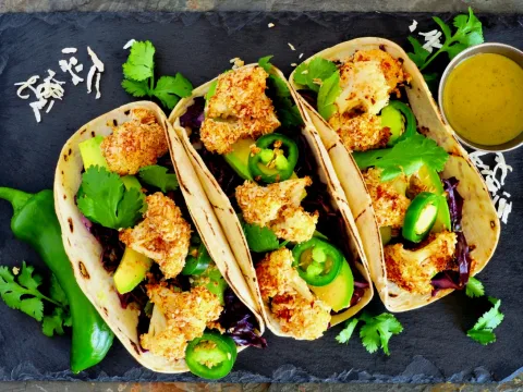 Vegan Cauliflower Tacos with Crispy Coconut Crust & Sweet Mustard Sauce