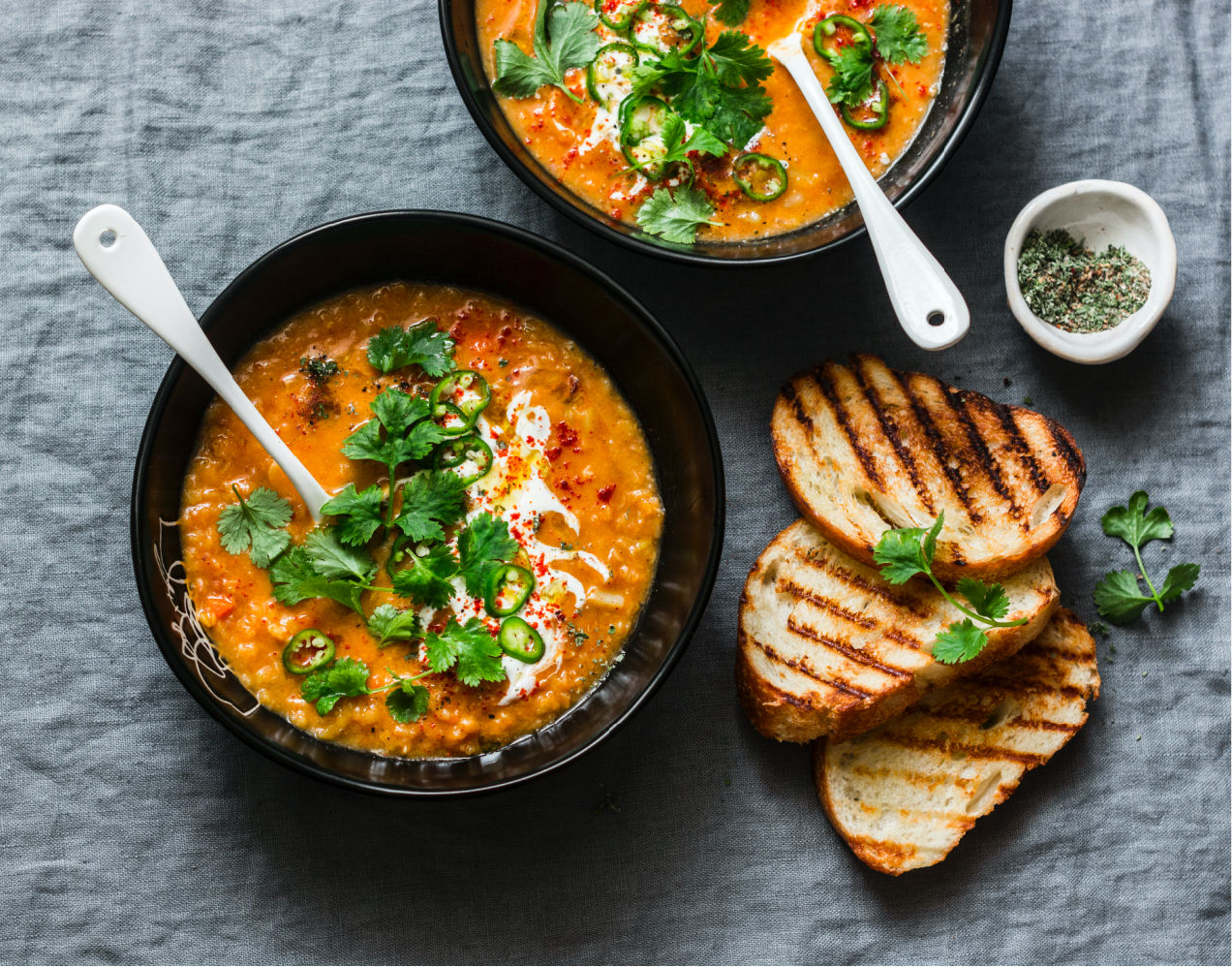 Velvety Red Lentil Soup with Cherry Tomatoes & Shredded Coconut