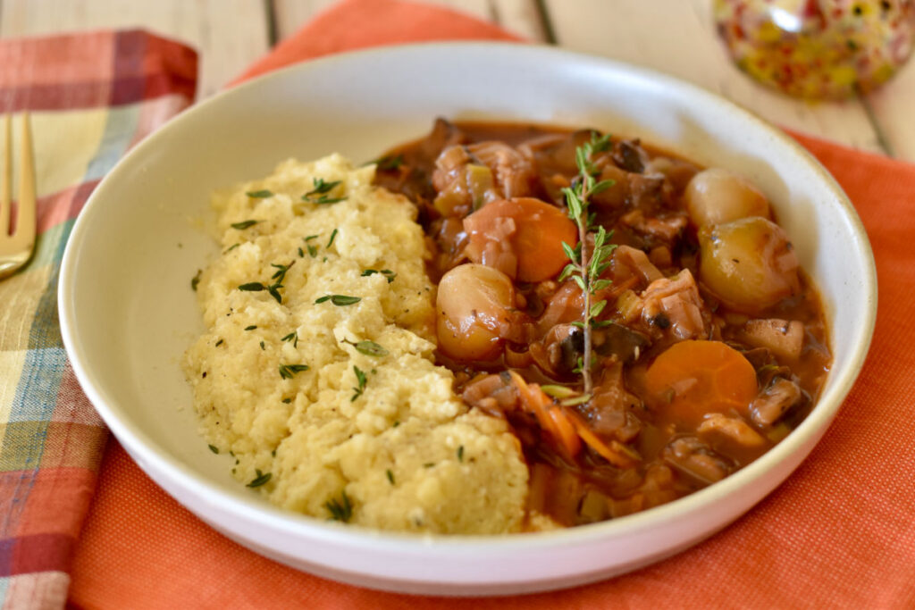 Vegan Bourguignon with Portobello Mushrooms over Creamy Polenta