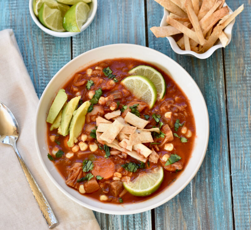 Vegan Tortilla Soup with Spicy Jackfruit, Avocado & Baked Tortilla Strips