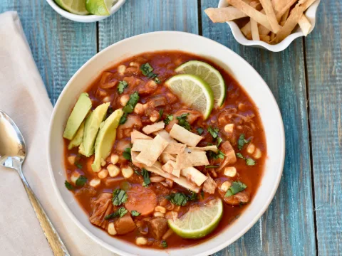 Vegan Tortilla Soup with Spicy Jackfruit,  Avocado & Baked Tortilla Strips